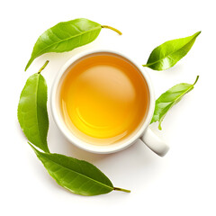Cup of green tea with leaves isolated on white background