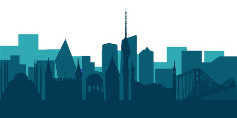 Istanbul, Turkiye skyline, silhouette. This illustration represents the country with its most notable buildings. Vector is fully editable, every object is holistic and movable - obrazy, fototapety, plakaty
