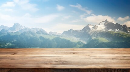 Table background with free space for decoration, featuring a blurred mountain landscape.