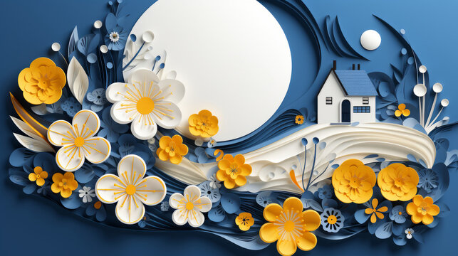 Paper cut scene with yellow and white flowers, small house, and a crescent moon in a blue setting