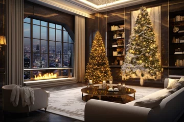 Muurstickers Christmas tree and luxury interior design living room with night lighting, a fireplace, marble TV wall, and wooden ceiling, creating a festive and opulent ambiance © roy9
