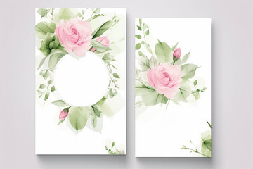 Ready to use Card. Watercolor invitation design with roses, leaves. flower and watercolor background. floral elements, botanic watercolor illustration