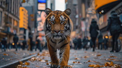 Fototapeta na wymiar Tiger Walking on Autumn Street