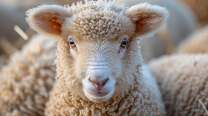 Obraz premium A close-up of a lamb with a soft expression in a flock.