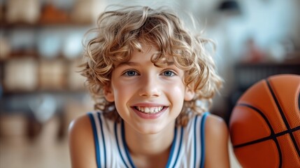 Happy young boy in basketball gear with ball, smiling cheerfully