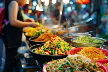 A vibrant street food market scene with a focus on a vendor serving colorful, exotic dishes to customers