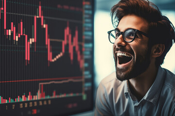 YouTube thumbnail of a very happy man because he won money in the stock exchange and forex investment transactions.
