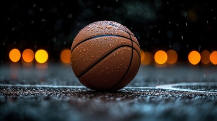 Wet basketball on court with reflective surface and blurred lights background - Powered by Adobe