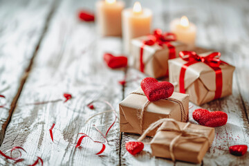 Obraz na płótnie Canvas Gift Boxes and Candles Romantic Celebration Setting.