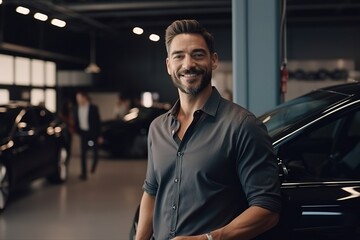 Confident and friendly car dealership owner standing in showroom