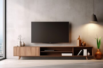 Clean modern TV wood cabinet in an empty room interior background with home designs, showcasing background shelves and a collection of books on the desk in front of the empty wall