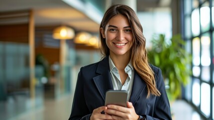 A confident and smart businesswoman standing in her office, holding a mobile phone, smiling into the camera in a professional portrait