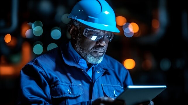 Experienced industrial worker using tablet during night shift