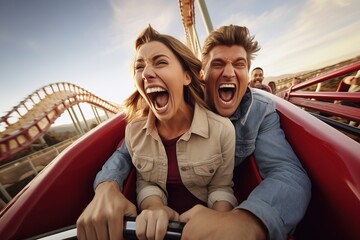 Thrilled couple enjoying a rollercoaster ride under a sunny sky. - 717044040