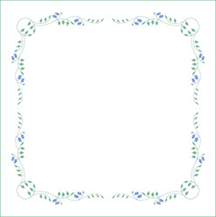 Green floral frame with leaves and blue flowers, decorative corners for greeting cards, banners, business cards, invitations, menus. Isolated vector illustration.	