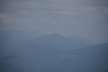 Obraz premium mountains, fog, forests, valleys. Carpathians. Mountains covered with forests and various conifers. At the top of the mountain boulders.