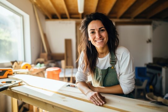 Confident DIY woman smiling in her workshop