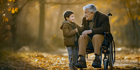 happy young boy with old man in wheel chair, ai generated.