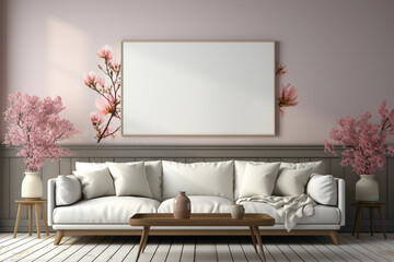 Fototapeta na wymiar Experience the tranquility of a living room featuring a soft color white sofa and a chic table, set against an empty frame inviting your personalized text.