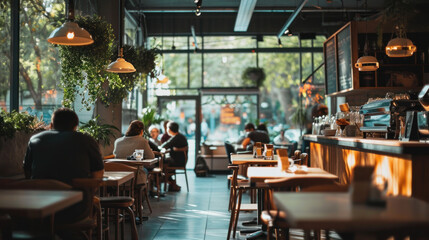Modern interior of a cafe or coffee shop against the backdrop of vacationing people. Blurred background. The concept of relaxation, consumerism. - obrazy, fototapety, plakaty