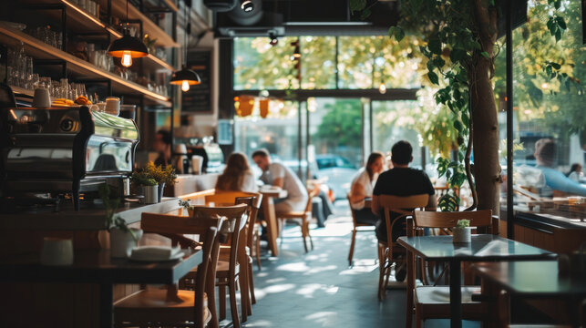 Modern interior of a cafe or coffee shop against the backdrop of vacationing people. Blurred background. The concept of relaxation, consumerism.