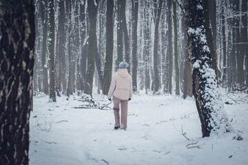 woman walks in the snowy forest. woman in the woods. walking in the woods. winter in the woods. snow on the ground. walk in the snow