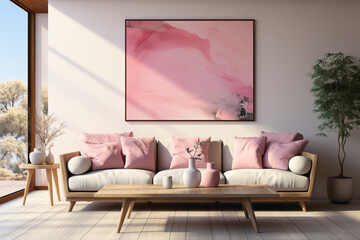 Indulge in the soothing ambiance of a living room adorned with a soft color pink sofa, a perfect match with a table, all framed by an empty canvas ready for your text.