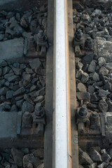 Rail branching. Railway close up. Rails for high-speed trains. Railway tracks with arrows and interchanges.