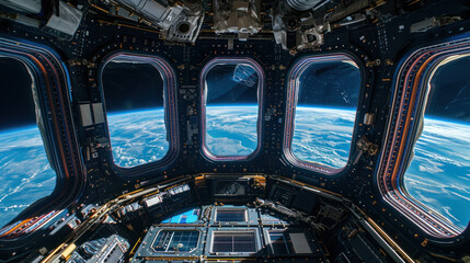 View from the cabin of the International Space Station. Interior of space stations. Research concepts, technology.