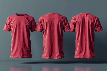 Set of red tee t shirt round neck front, back and side view on transparent background cutout, - obrazy, fototapety, plakaty