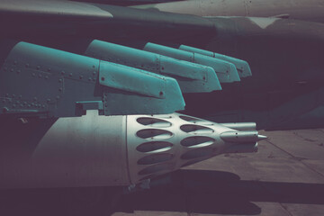 helicopter fighter weapon. multi-barrel launcher for large-caliber charges.aviation weapons. combat helicopter-fighter