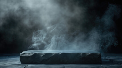 Empty stone and steaming or smoke against a dark, moody backdrop, creating a sense of mystery. - obrazy, fototapety, plakaty