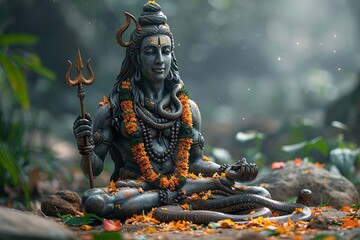 Shivaratri background with Shivas trident, Pellet Drum Damroo musical instrument ans snake
