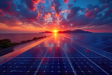 Solar panels and blue sky background.Solar cells farm on the roof and sunset - obrazy, fototapety, plakaty