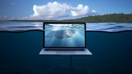Laptop sinking at water disaster floating image blue sky wallpaper - obrazy, fototapety, plakaty