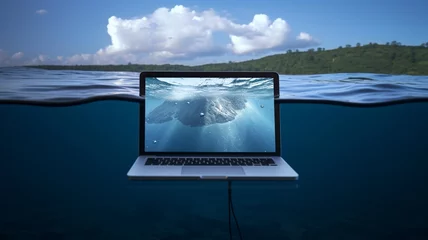 Fotobehang Laptop sinking at water disaster floating image blue sky wallpaper © Indronath