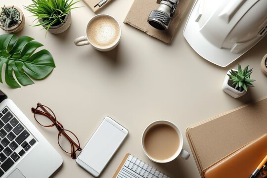 Smartphone,coffee,glasses and safety helmet on white table background. Top view with copy space.