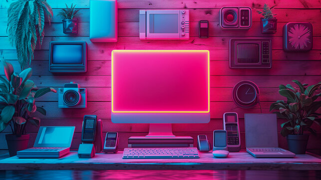 Y2k Vibrant Style Of Digital Devices Of Different Generation On The Desk. Pink Luminous Computer Monitor.