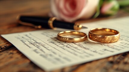 Wedding bands on marriage certificate with rose and pen
