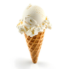 Vanilla gelato in a waffle cone isolated on white background