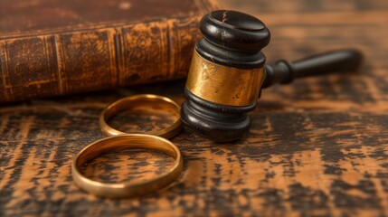 Legal concept of marriage and divorce with gavel and rings - obrazy, fototapety, plakaty