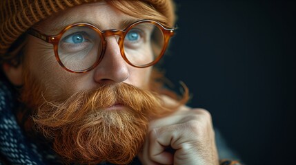 Contemplative man with beard and glasses looking thoughtful
