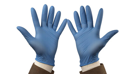 Obraz premium Hands in blue medical gloves gesturing, isolated on transparent background