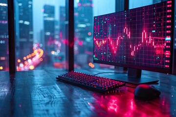 Stock market graph on background with desk and personal computer - obrazy, fototapety, plakaty
