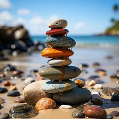 Fototapeta na wymiar Balanced pebble pyramid silhouette on the beach with ocean on the background.