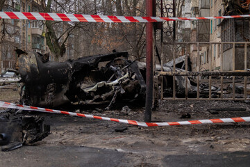 Kyiv, Ukraine - January 23, 2024: Early in the morning, the Russians fired missiles at Kyiv. a rocket fell near the house and did not detonate. the house was destroyed, the apartments were burned.