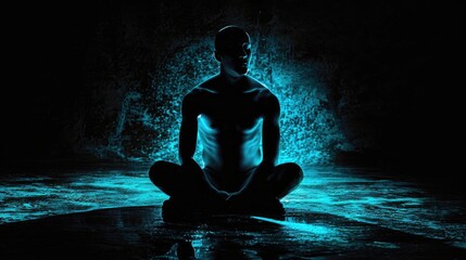 Man meditating in lotus pose on black background with blue light