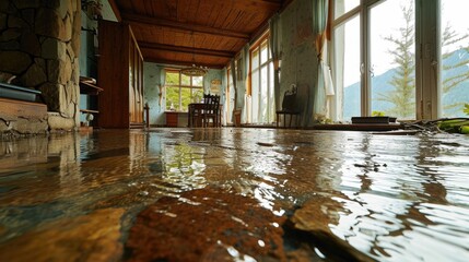 A lodging house in the mountains flooded after a rainstorm
