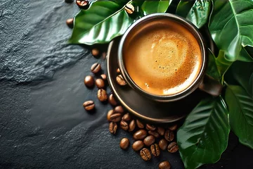 Foto op Canvas Top view mockup a cup of coffee with coffee beans and leaves on the black stone © ranjan