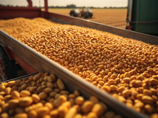 Harvester pouring freshly harvested corn maize seeds or soybeans into container trailer near, closeup detail, afternoon sunshine design.